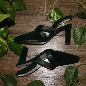 Vintage Dark Green Velvet Pumps w/ Leather Soles